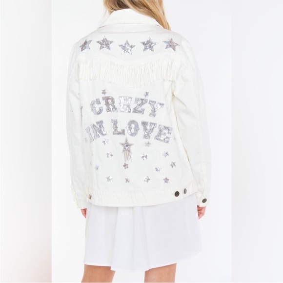Show Me Your Mumu CRAZY IN LOVE White Fringe Tassel Embellished Denim Jacket - Picture 2 of 9